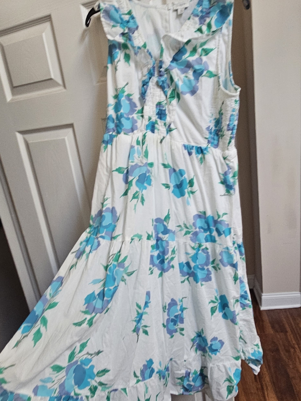 J. Crew White Cotton Midi Dress with Blue & Teal Floral Print